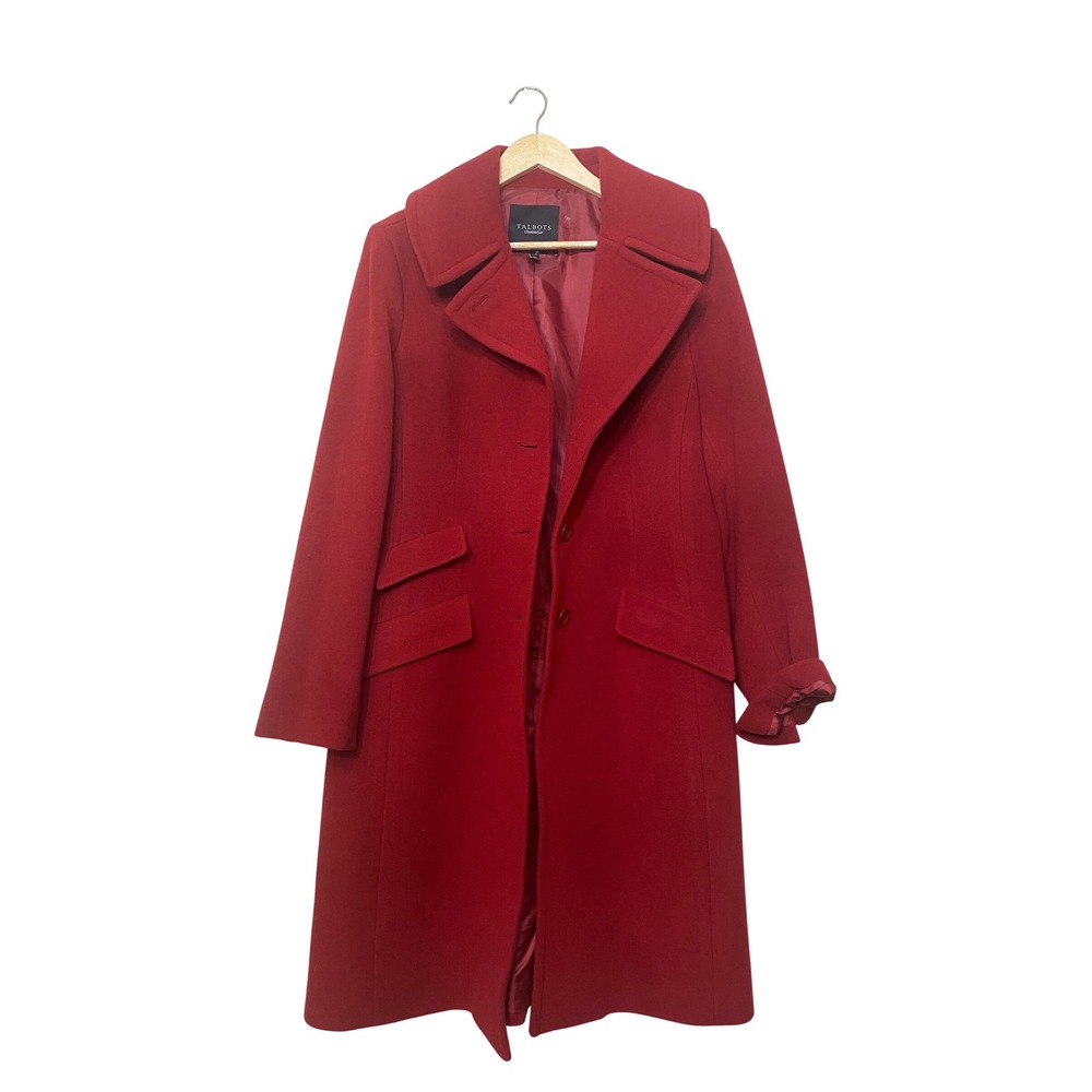 Talbots Red Wool Blend Long Trench Coat Jacket Womens Size 14 Flap Pocket Lining